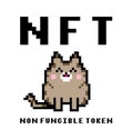 NFT token template. Crypto art non-fungible token. Cat in pixel art style. Pixelated kitten isolated on white background. Vector